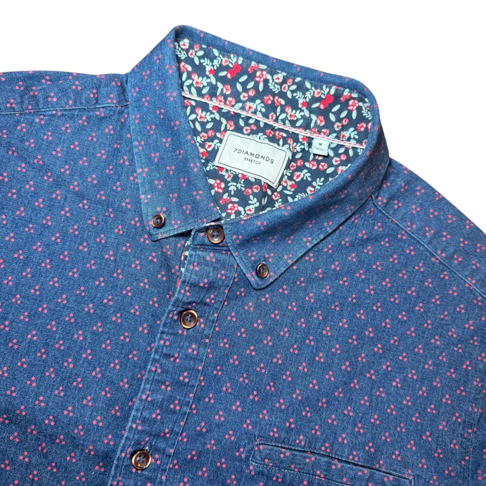 7Diamonds Pressure Drop Denim Stretch Shirt Blue Geometric Mens M Short Sleeve